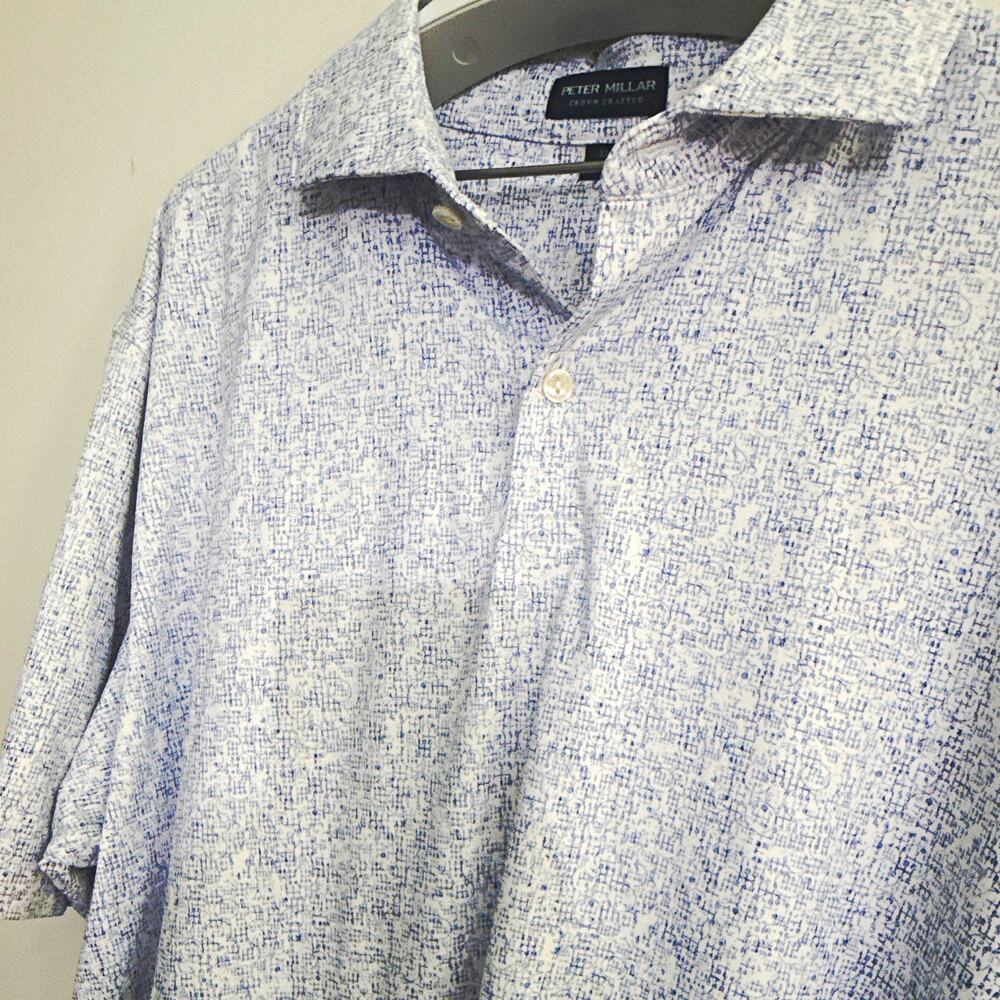 Peter Millar Crown Crafted Men’s Polo Shirt XL Blue/White Geometric Knit Short